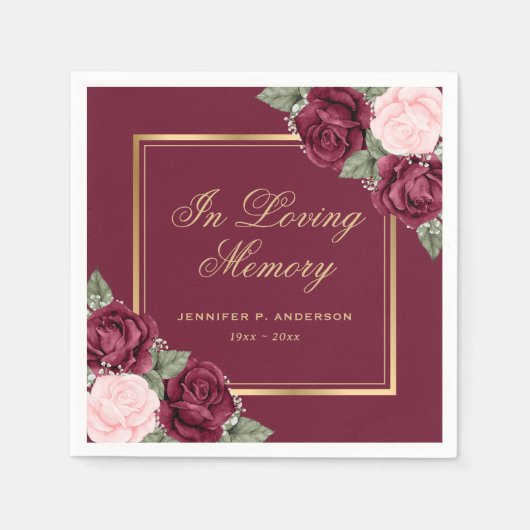 赤ピンク金ゴールド水彩フローラ葬儀記念 スタンダードカクテルナプキン (正面)