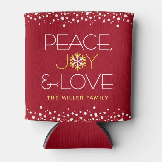 赤ピースジョーラブクリスマススノーフレーはっきりしたクモダン(Red Peace Joy Love  缶クーラー (正面)
