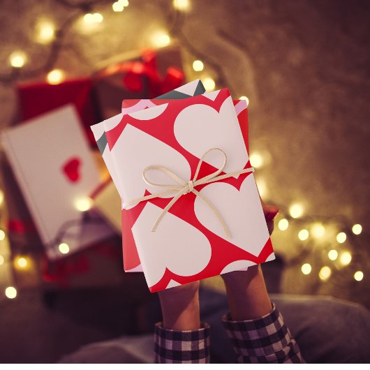 赤ファンシーとピンクのハートパターンのバレンタインのラッピング ラッピングペーパーシート