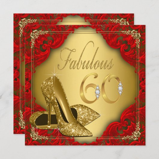 赤ファンシー金ゴールドハイヒールファブラス60誕生日 招待状 (正面/裏面)