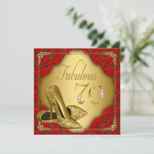 赤ファンシー金ゴールドハイヒールファブラス70誕生日 招待状 (スタンド正面)