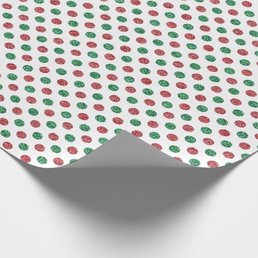 赤フェイクと緑のグリッタークリスマス水玉模様 ラッピングペーパー (角)