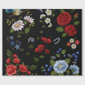 赤フェイクと青の花を刺繍 ラッピングペーパー (フラット)