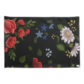 赤フェイクと青の花を刺繍 枕カバー (裏面-右)