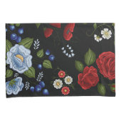 赤フェイクと青の花を刺繍 枕カバー (正面右)