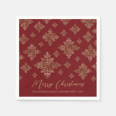 赤フェイクの黄金の箔の雪片(箔実在でない) スタンダードカクテルナプキン (正面)