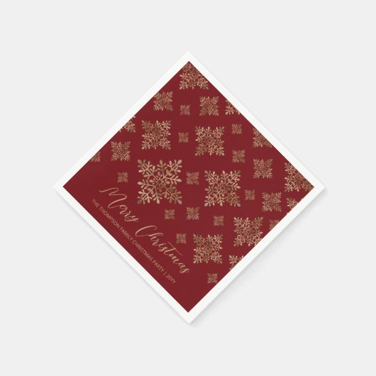 赤フェイクの黄金の箔の雪片(箔実在でない) スタンダードカクテルナプキン (角)