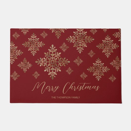赤フェイクの黄金の箔の雪片(箔実在でない) ドアマット (正面)