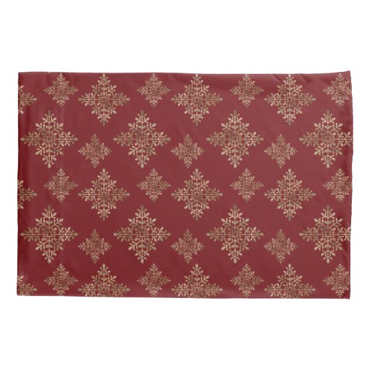 赤フェイクの黄金の箔の雪片(箔実在でない) 枕カバー (裏面-左)