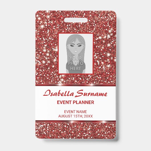 赤フェイクグリッターテクスチャの外観とカスタム文字 バッジ (正面)