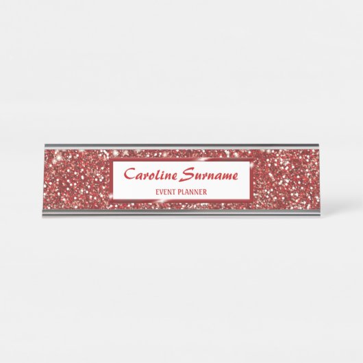 赤フェイクグリッターテクスチャの外観と名前をカスタムする デスクネームプレート (正面)