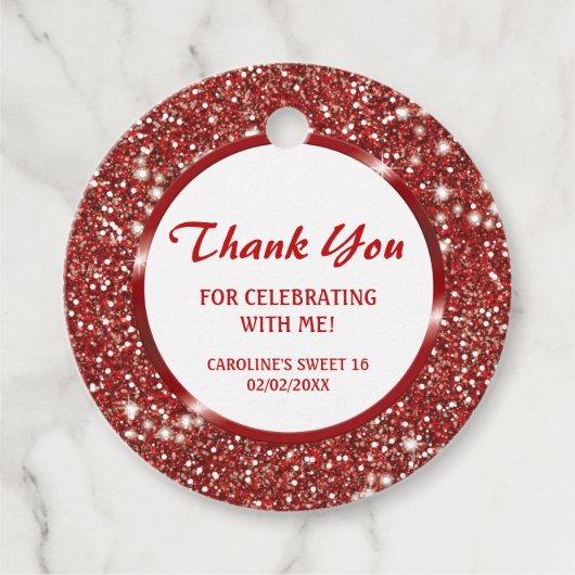 赤フェイクグリッターテクスチャの外観 – ありがとう フェイバータグ (正面)