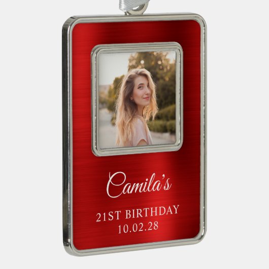 赤フェイク箔21歳の誕生日フォト シルバープレートフレームオーナメント (右)