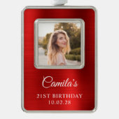 赤フェイク箔21歳の誕生日フォト シルバープレートフレームオーナメント (正面)