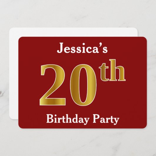 赤フェイク金ゴールド20th誕生日パーティー+名前をカスタムする 招待状 (正面/裏面)
