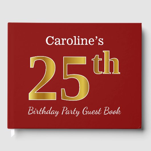 赤フェイク金ゴールド25th誕生日パーティー+名前をカスタムする ゲストブック (正面)