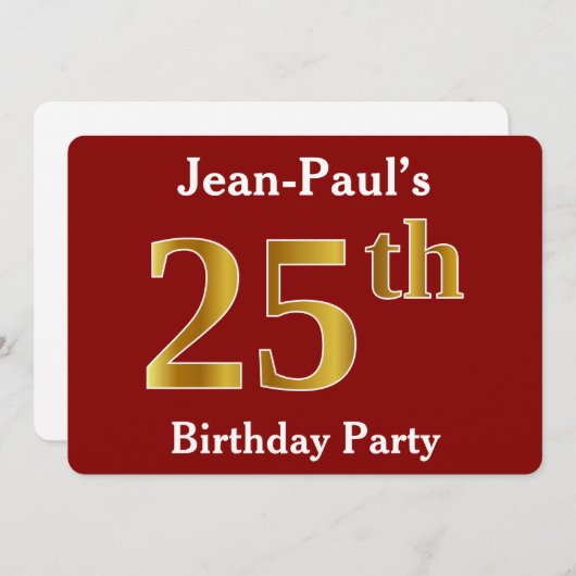 赤フェイク金ゴールド25th誕生日パーティー+名前をカスタムする 招待状 (正面/裏面)