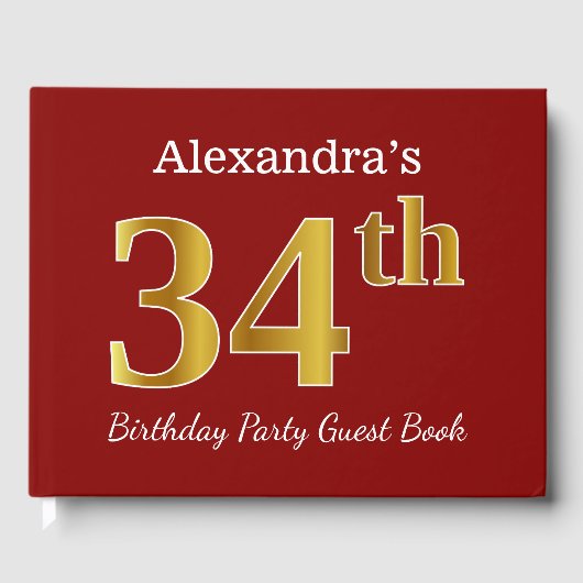 赤フェイク金ゴールド34th誕生日パーティー+名前をカスタムする ゲストブック (正面)