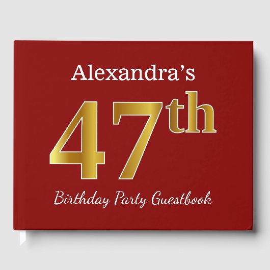 赤フェイク金ゴールド47th誕生日パーティー+名前をカスタムする ゲストブック (正面)