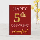 赤フェイク金ゴールド5結婚周年記念+名称 カード (黄色い花)