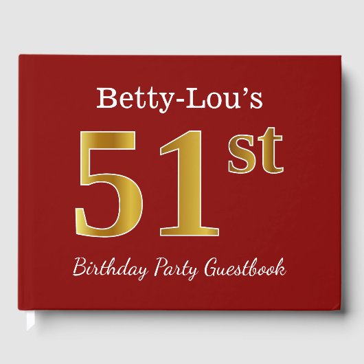 赤フェイク金ゴールド51歳の誕生日パーティー+名前をカスタムする ゲストブック (正面)