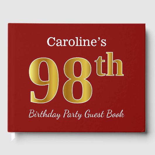赤フェイク金ゴールド98th誕生日パーティー+名前をカスタムする ゲストブック (正面)