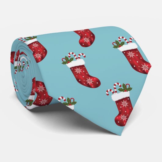 赤フェスティバルクリスマスストッキングパターン青 ネクタイ (ロール)