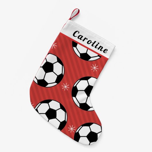 赤フェスティバルサッカーボール&スノーフレーク子供の名前クリスマス スモールクリスマスストッキング (正面 (吊り時))
