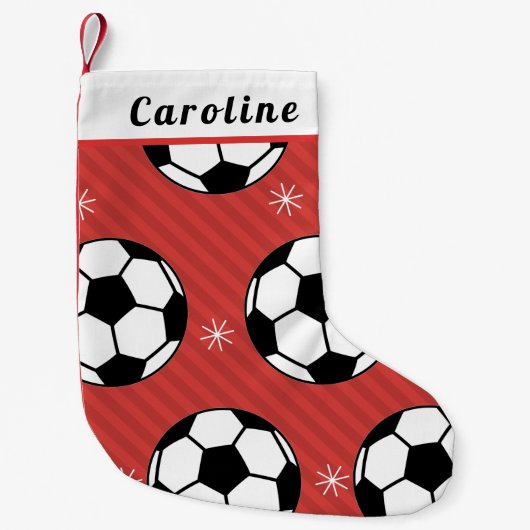 赤フェスティバルサッカーボール&スノーフレーク子供の名前クリスマス スモールクリスマスストッキング (正面)