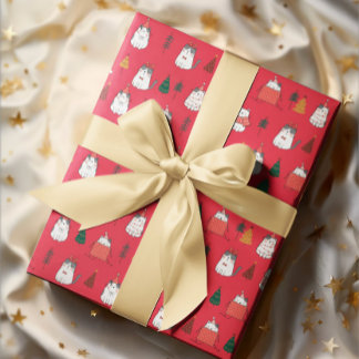 赤フェスティバル猫とクリスマスツリーラッピング紙 ラッピングペーパー