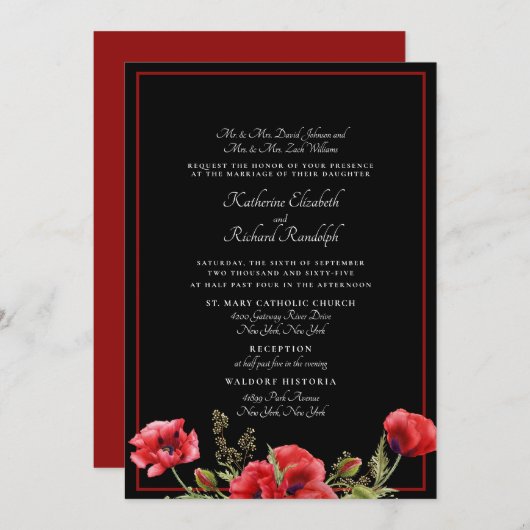 赤フォーマルと黒のフローラII結婚式招待状 招待状 (正面/裏面)