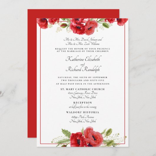 赤フォーマルフローラ2会場結婚式招待状 招待状 (正面/裏面)