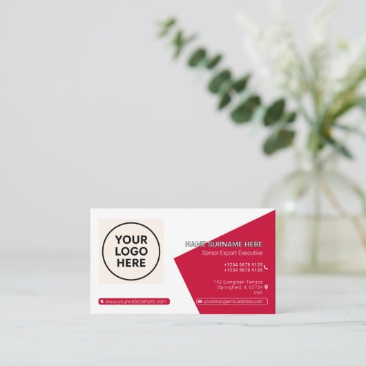 赤フォーマルQRコードプロフェッショナル企業の モダン 名刺 (スタンド正面)