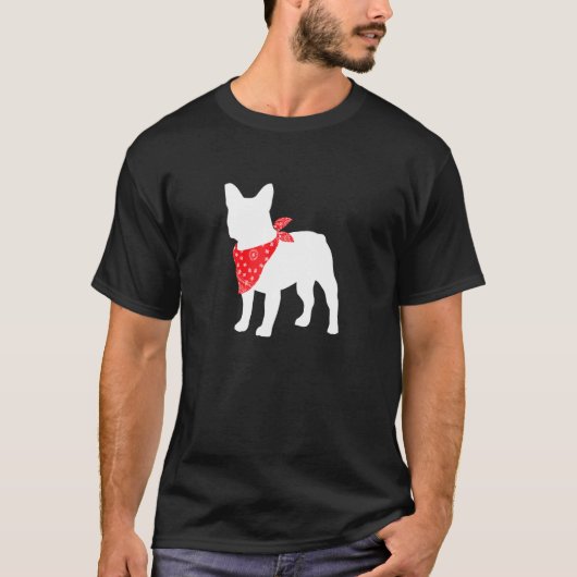 赤フランスのバンダナを着たフランス犬 Tシャツ (正面)