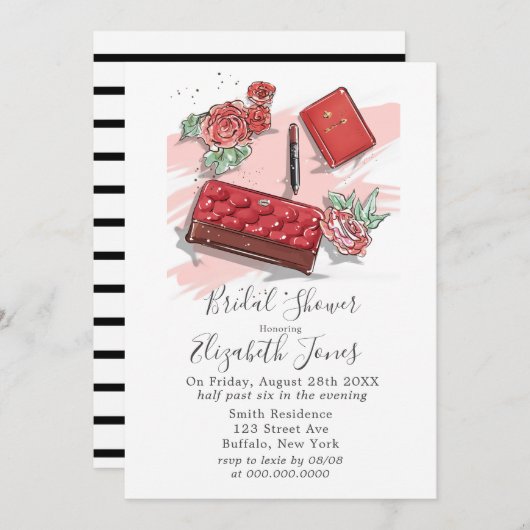 赤フランスのファッションブライダルシャワー 招待状 (正面/裏面)