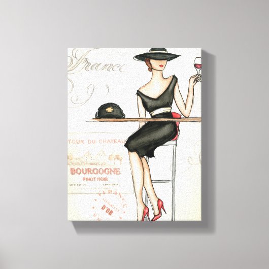 赤フランスのワインを飲む女性 キャンバスプリント (正面)