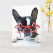 赤フランスの星眼鏡のブルドッグ カード (黄色い花)