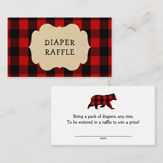赤フランネル赤ちゃんシャワーおむつラッフルチケット エンクロージャーカード (正面/裏面)