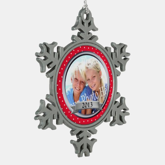 赤フレーム水玉模様適用領域 スノーフレークピューターオーナメント (左)