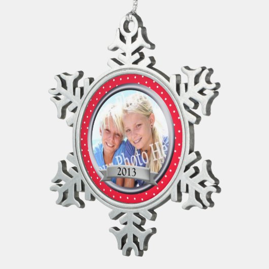 赤フレーム水玉模様適用領域 スノーフレークピューターオーナメント (右)