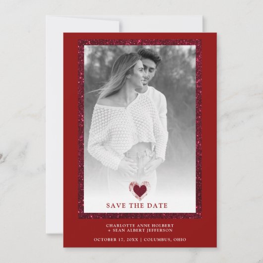 赤フレーム輝くミニマリスト写真婚約したハート セーブザデート (正面)