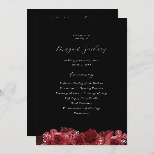 赤フローラと黒結婚の式プログラム – 黒 招待状 (正面/裏面)
