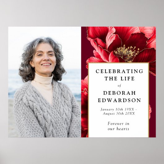 赤フローラの葬儀お祝いの生命写真のサイン ポスター (正面)