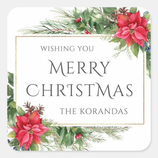 赤フローラウォーターカラークリスマスホリデー スクエアシール (正面)