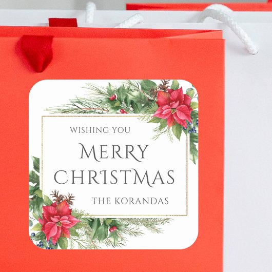 赤フローラウォーターカラークリスマスホリデー スクエアシール