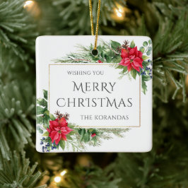 赤フローラウォーターカラークリスマスホリデー セラミックオーナメント