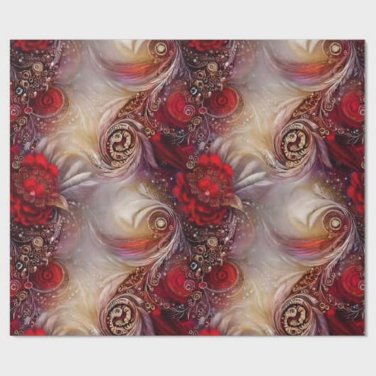 赤フローラエレガントゴールデンフェザービーズ ラッピングペーパー (フラット)