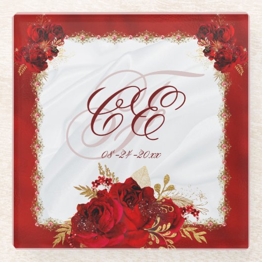 赤フローラエレガント金ゴールド結婚モノグラム ガラスコースター (正面)