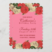 赤フローラオンピンク誕生日招待状 招待状 (正面/裏面)