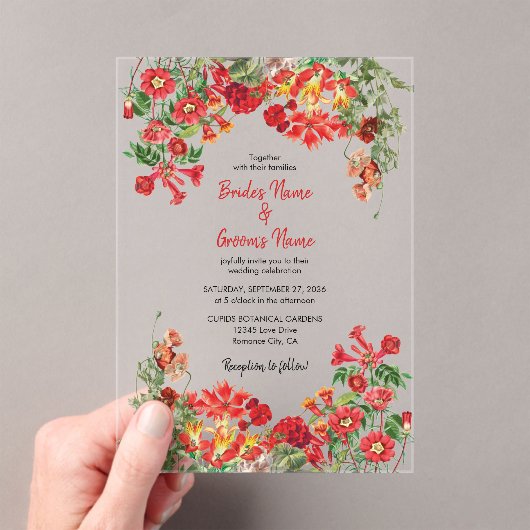 赤フローラガーデンボタニカルフラワー結婚ズ アクリル招待状 (インサイチュ (ポータブル))